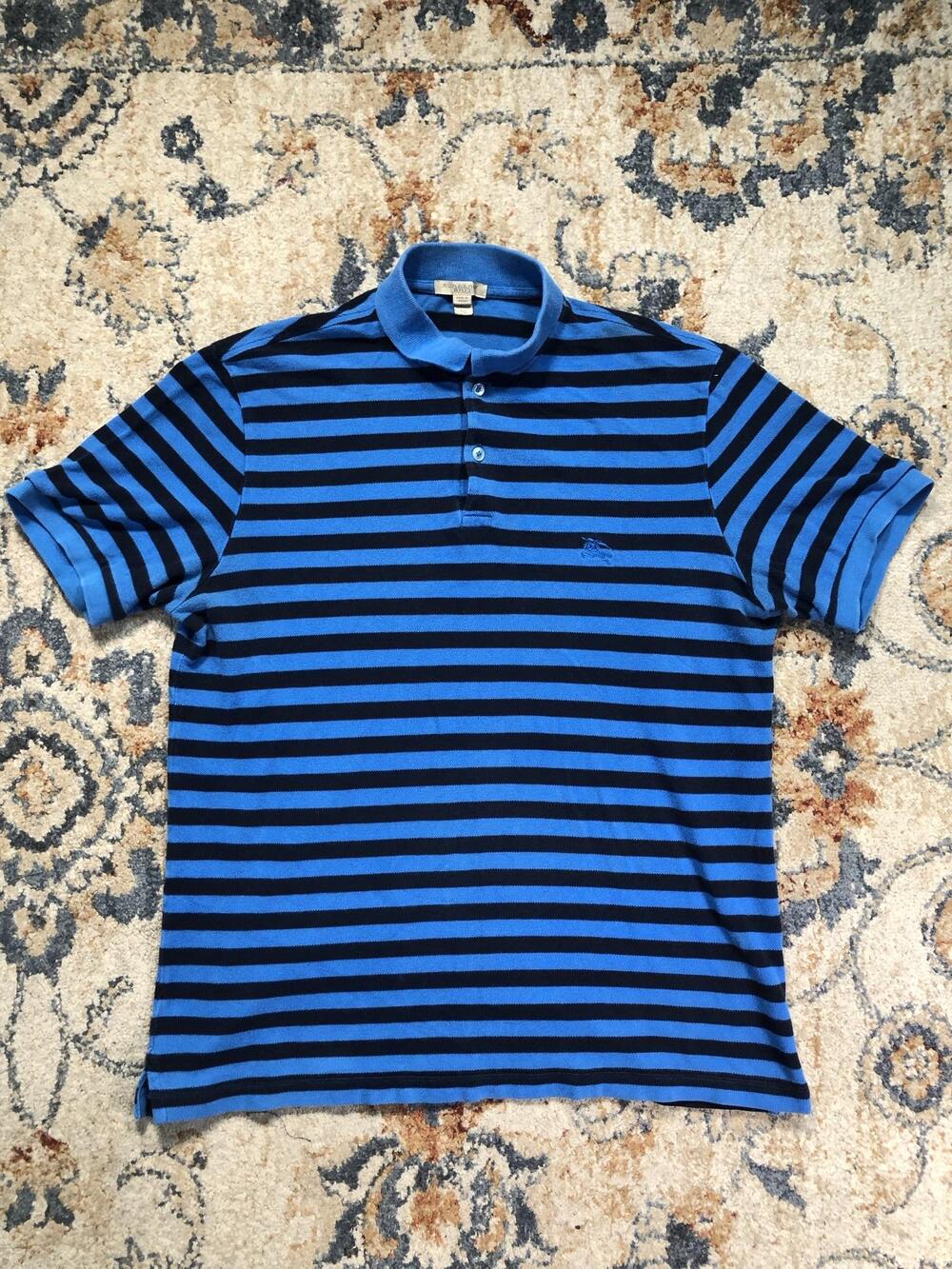 Burberry Brit Polo Shirt Mens XL Blue Black Stripe Knit Short Sleeve Casual